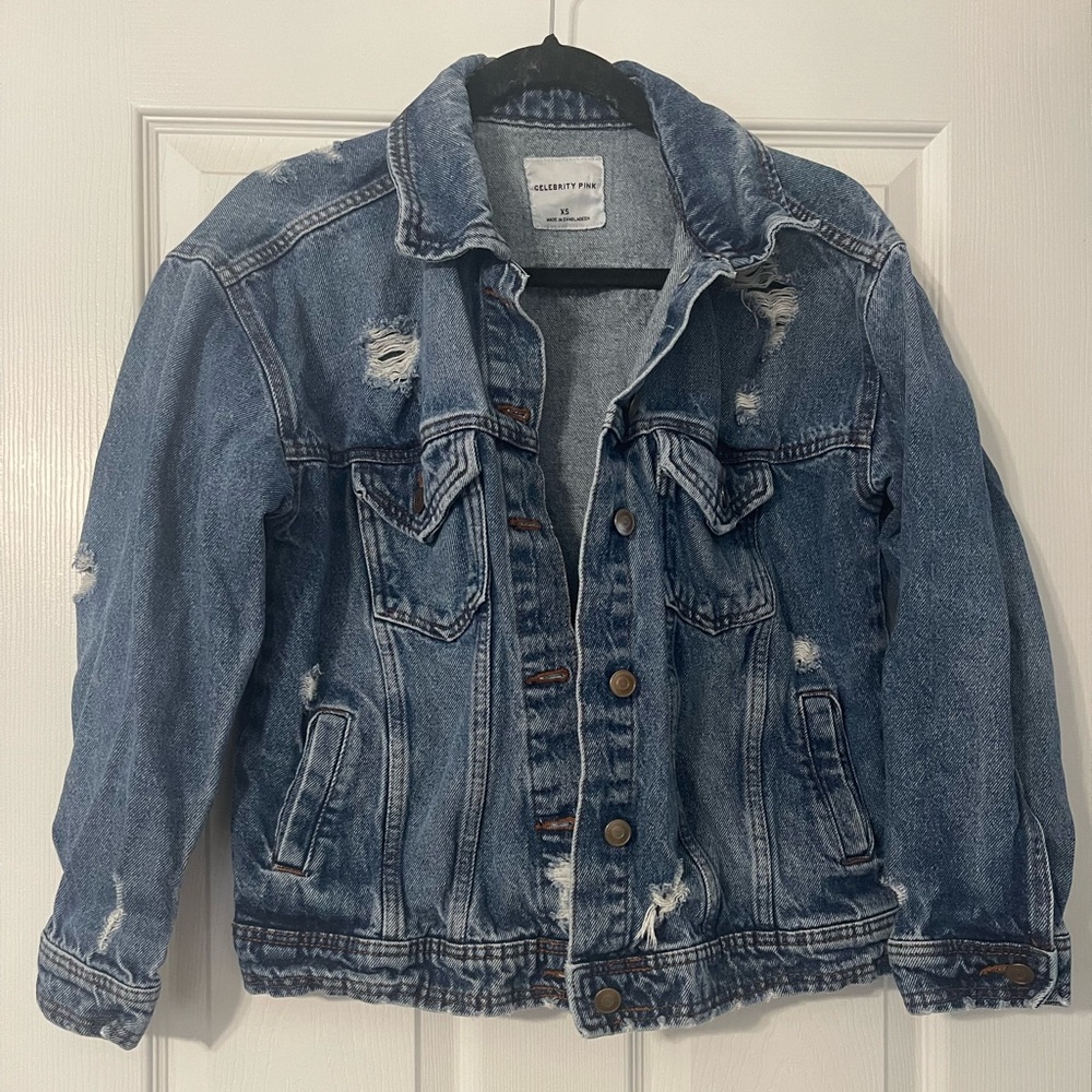 Celebrity Pink Blue Distressed Jean Jacket